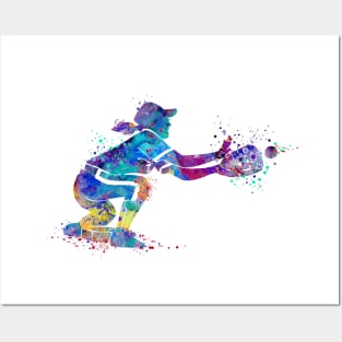 Baseball Girl Catcher Watercolor Softball Player Posters and Art